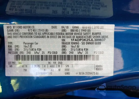 2018 Ford Focus Se from USA, damaged, VIN 1FADP3K25JL309837